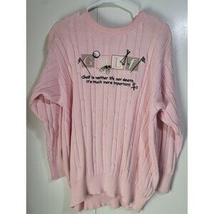 VTG La Mode Women's XL Golf Embroidered Cable Knit Pink Sweater Whimsy Grandma